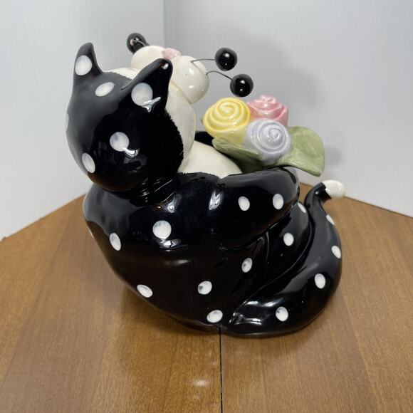 Vintage Amy Lacombe Cat Figurine Black White Polka Dot Flower 2001 Whimsiclay - Picture 4 of 10